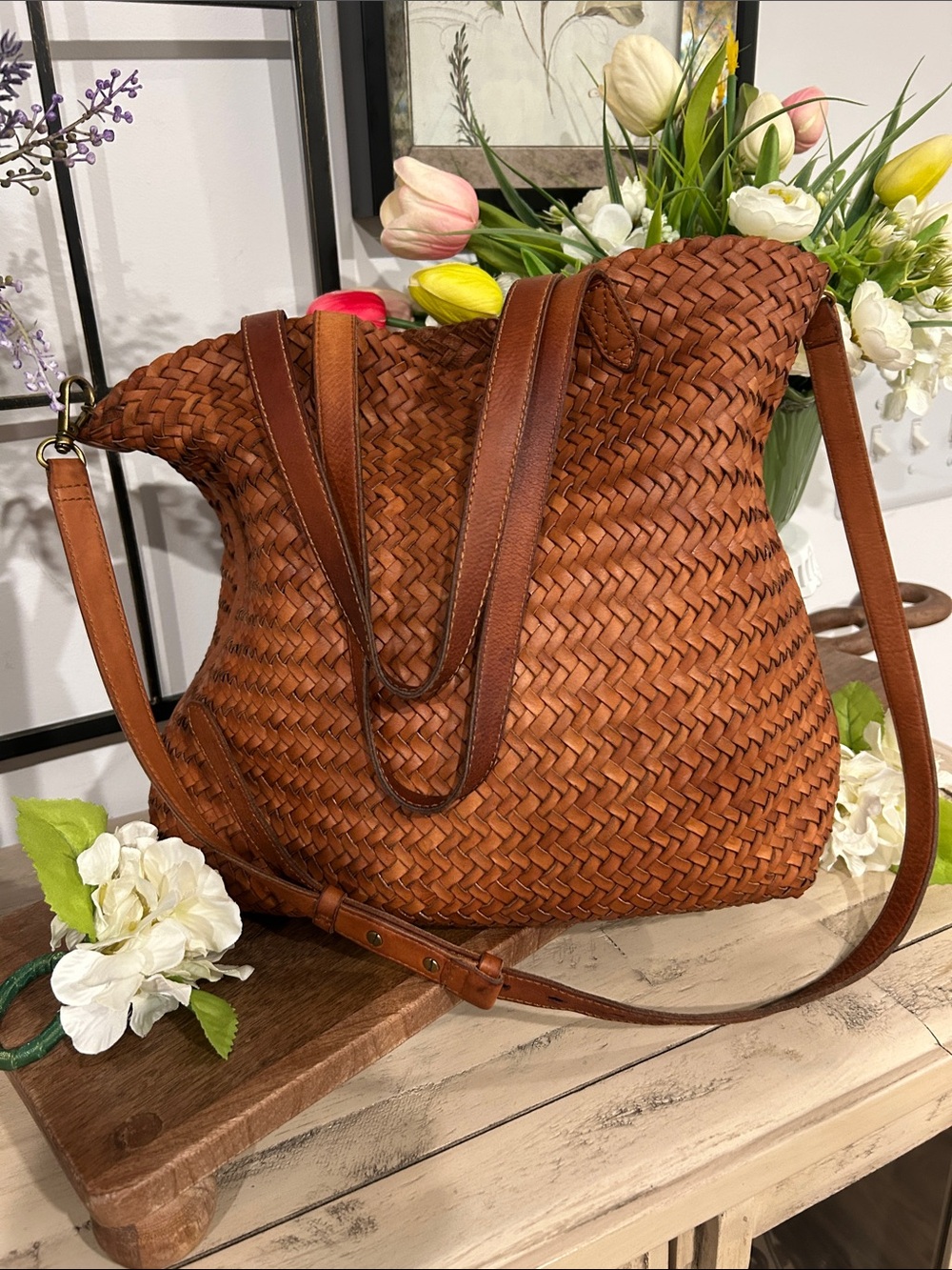 Madewell Woven Leather Tote - Cognac Brown